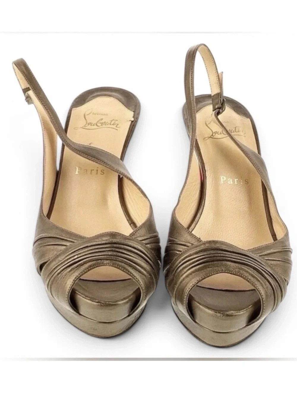 Christian Louboutin bronze leather peep-toe slingback pumps